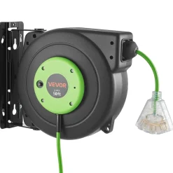 VEVOR Retractable Extension Cord Reel 50FT Heavy Duty 14AWG/3C SJTOW Green, for Ceiling/Wall Mount, 13A Circuit Breaker, Automatic Retractable Power Cord, Lighted Triple Tap, with 180° Swivel Bracket