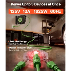 VEVOR Retractable Extension Cord Reel 50FT Heavy Duty 14AWG/3C SJTOW Green, for Ceiling/Wall Mount, 13A Circuit Breaker, Automatic Retractable Power Cord, Lighted Triple Tap, with 180° Swivel Bracket