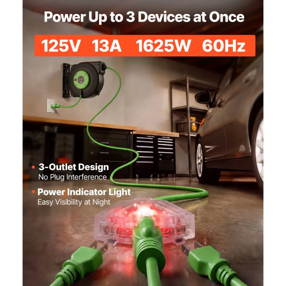 VEVOR Retractable Extension Cord Reel 50FT Heavy Duty 14AWG/3C SJTOW Green, for Ceiling/Wall Mount, 13A Circuit Breaker, Automatic Retractable Power Cord, Lighted Triple Tap, with 180° Swivel Bracket