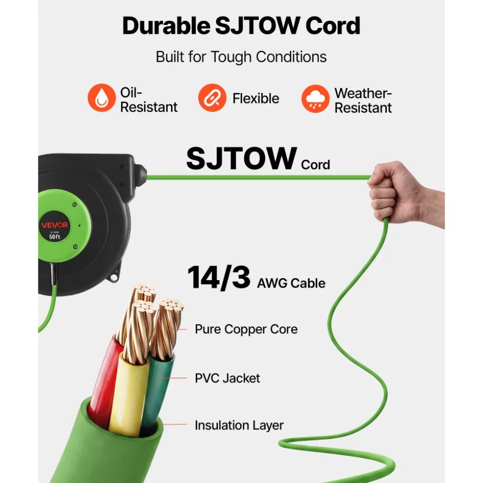 VEVOR Retractable Extension Cord Reel 50FT Heavy Duty 14AWG/3C SJTOW Green, for Ceiling/Wall Mount, 13A Circuit Breaker, Automatic Retractable Power Cord, Lighted Triple Tap, with 180° Swivel Bracket