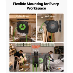 VEVOR Retractable Extension Cord Reel 50FT Heavy Duty 14AWG/3C SJTOW Green, for Ceiling/Wall Mount, 13A Circuit Breaker, Automatic Retractable Power Cord, Lighted Triple Tap, with 180° Swivel Bracket