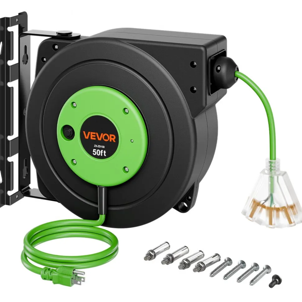 VEVOR Retractable Extension Cord Reel 50FT Heavy Duty 14AWG/3C SJTOW Green, for Ceiling/Wall Mount, 13A Circuit Breaker, Automatic Retractable Power Cord, Lighted Triple Tap, with 180° Swivel Bracket