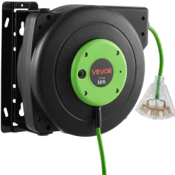 VEVOR Retractable Extension Cord Reel 50FT Heavy Duty 14AWG/3C SJTOW Green, for Ceiling/Wall Mount, 13A Circuit Breaker, Automatic Retractable Power Cord, Lighted Triple Tap, with 180° Swivel Bracket