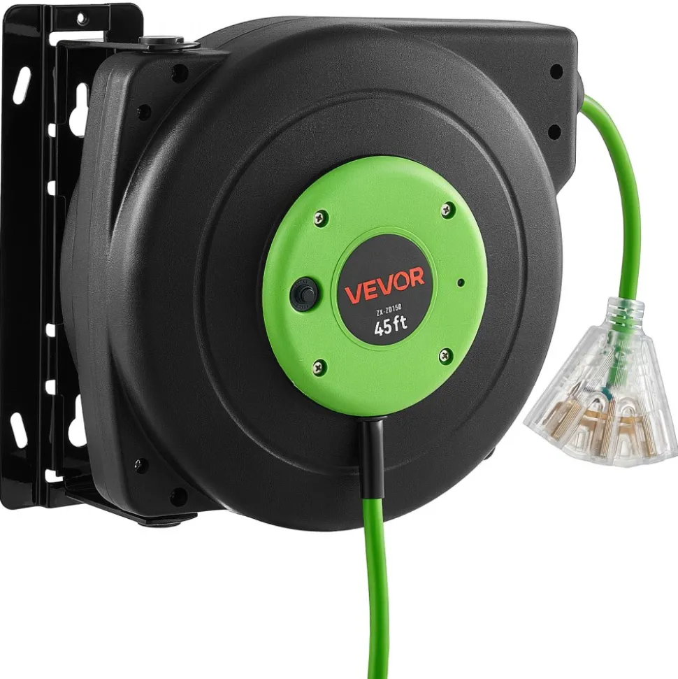 VEVOR Retractable Extension Cord Reel 45FT Heavy Duty 12AWG/3C SJTOW Green, for Ceiling/Wall Mount, 15A Circuit Breaker, Automatic Retractable Power Cord, Lighted Triple Tap, with 180° Swivel Bracket