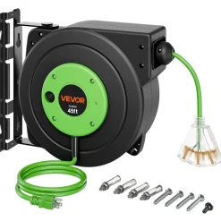 VEVOR Retractable Extension Cord Reel 45FT Heavy Duty 12AWG/3C SJTOW Green, for Ceiling/Wall Mount, 15A Circuit Breaker, Automatic Retractable Power Cord, Lighted Triple Tap, with 180° Swivel Bracket