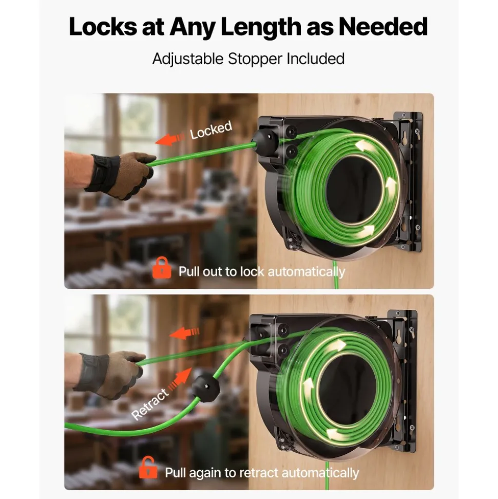 VEVOR Retractable Extension Cord Reel 45FT Heavy Duty 12AWG/3C SJTOW Green, for Ceiling/Wall Mount, 15A Circuit Breaker, Automatic Retractable Power Cord, Lighted Triple Tap, with 180° Swivel Bracket