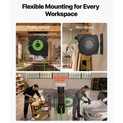VEVOR Retractable Extension Cord Reel 45FT Heavy Duty 12AWG/3C SJTOW Green, for Ceiling/Wall Mount, 15A Circuit Breaker, Automatic Retractable Power Cord, Lighted Triple Tap, with 180° Swivel Bracket