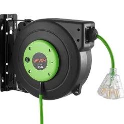 VEVOR Retractable Extension Cord Reel 45FT Heavy Duty 12AWG/3C SJTOW Green, for Ceiling/Wall Mount, 15A Circuit Breaker, Automatic Retractable Power Cord, Lighted Triple Tap, with 180° Swivel Bracket