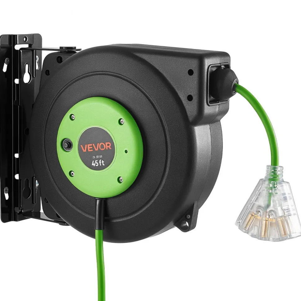 VEVOR Retractable Extension Cord Reel 45FT Heavy Duty 12AWG/3C SJTOW Green, for Ceiling/Wall Mount, 15A Circuit Breaker, Automatic Retractable Power Cord, Lighted Triple Tap, with 180° Swivel Bracket