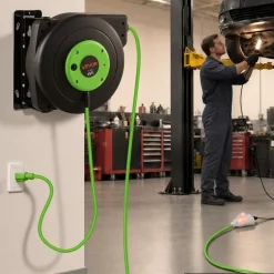 VEVOR Retractable Extension Cord Reel 45FT Heavy Duty 12AWG/3C SJTOW Green, for Ceiling/Wall Mount, 15A Circuit Breaker, Automatic Retractable Power Cord, Lighted Triple Tap, with 180° Swivel Bracket