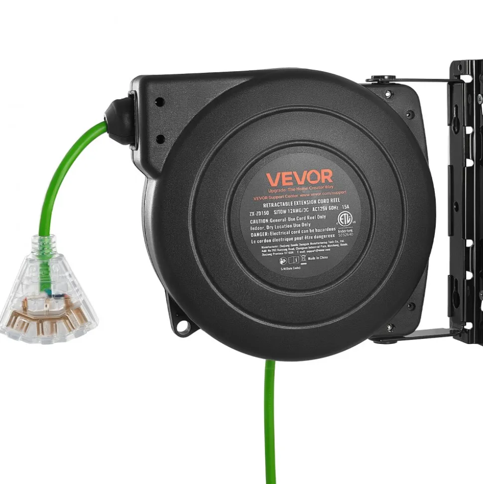 VEVOR Retractable Extension Cord Reel 45FT Heavy Duty 12AWG/3C SJTOW Green, for Ceiling/Wall Mount, 15A Circuit Breaker, Automatic Retractable Power Cord, Lighted Triple Tap, with 180° Swivel Bracket