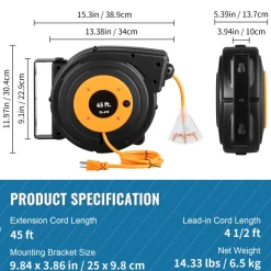 VEVOR Retractable Extension Reel, Heavy Duty 12AWG/3C SJTOW Power Cord 45 FT 12AWG, Black Tested toStandards