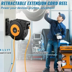 VEVOR Retractable Extension Reel, Heavy Duty 12AWG/3C SJTOW Power Cord 45 FT 12AWG, Black Tested toStandards