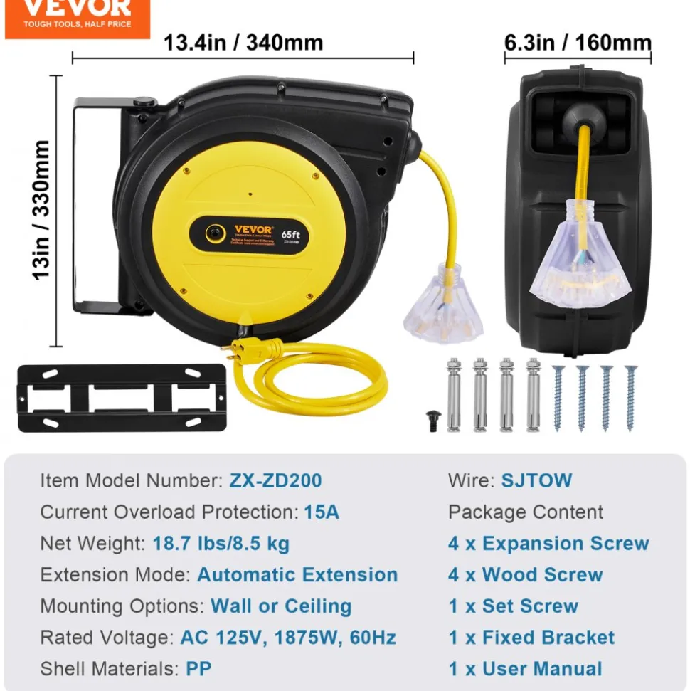 VEVOR Retractable Extension Cord Reel, 65 FT, Heavy Duty 12AWG/3C SJTOW Retractable Power Cord with Lighted Triple Tap Outlet, 15 Amp Circuit Breaker 180° Swivel Bracket for Ceiling or Wall Mount