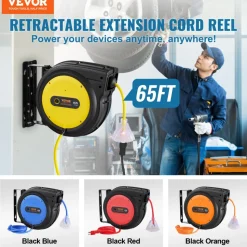 VEVOR Retractable Extension Cord Reel, 65 FT, Heavy Duty 12AWG/3C SJTOW Retractable Power Cord with Lighted Triple Tap Outlet, 15 Amp Circuit Breaker 180° Swivel Bracket for Ceiling or Wall Mount