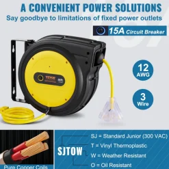 VEVOR Retractable Extension Cord Reel, 65 FT, Heavy Duty 12AWG/3C SJTOW Retractable Power Cord with Lighted Triple Tap Outlet, 15 Amp Circuit Breaker 180° Swivel Bracket for Ceiling or Wall Mount