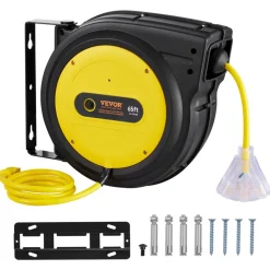 VEVOR Retractable Extension Cord Reel, 65 FT, Heavy Duty 12AWG/3C SJTOW Retractable Power Cord with Lighted Triple Tap Outlet, 15 Amp Circuit Breaker 180° Swivel Bracket for Ceiling or Wall Mount