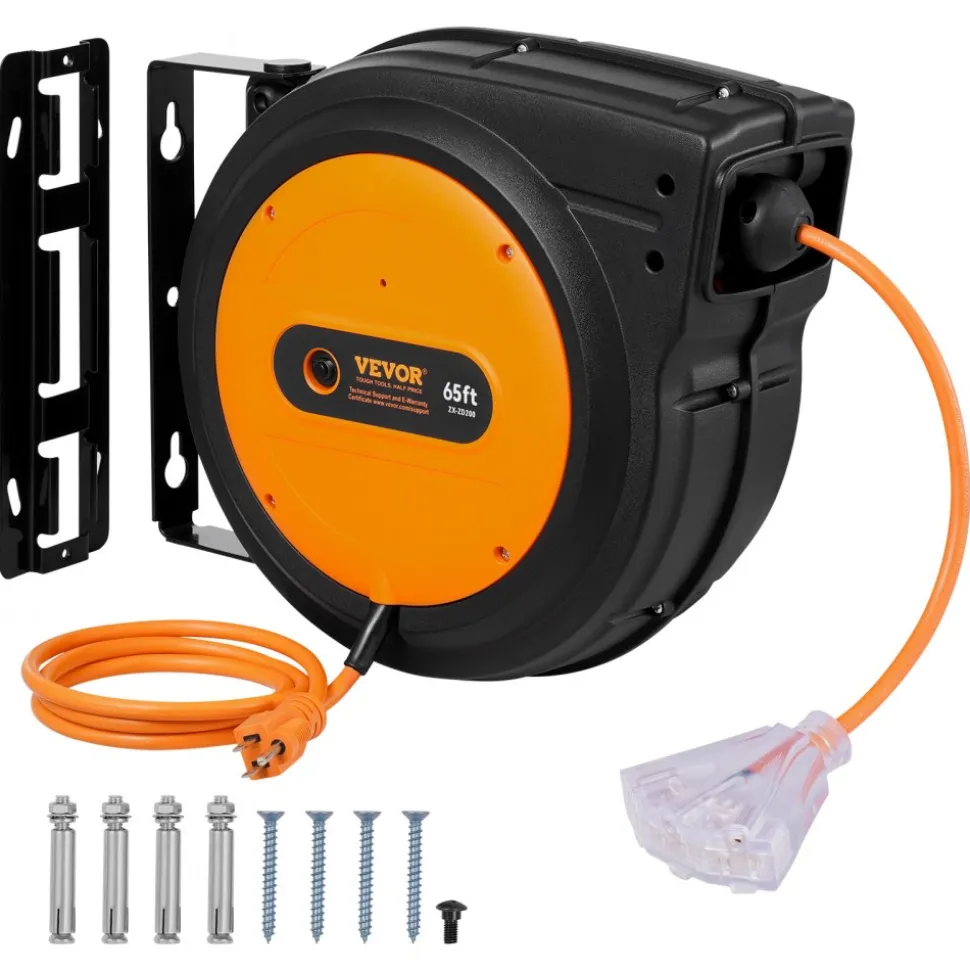 VEVOR Retractable Extension Cord Reel, 30 FT, Heavy Duty 16AWG/3C SJTOW Retractable Power Cord Reel with Lighted Triple Tap Outlet 10 Amp Circuit Breaker 4.5FT Lead-in Cord, for Ceiling or Wall Mount