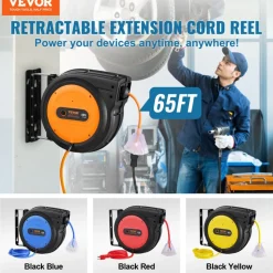 VEVOR Retractable Extension Cord Reel, 30 FT, Heavy Duty 16AWG/3C SJTOW Retractable Power Cord Reel with Lighted Triple Tap Outlet 10 Amp Circuit Breaker 4.5FT Lead-in Cord, for Ceiling or Wall Mount