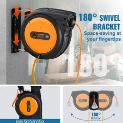 VEVOR Retractable Extension Cord Reel, 30 FT, Heavy Duty 16AWG/3C SJTOW Retractable Power Cord Reel with Lighted Triple Tap Outlet 10 Amp Circuit Breaker 4.5FT Lead-in Cord, for Ceiling or Wall Mount