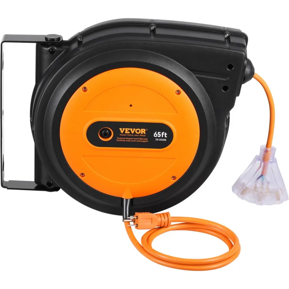 VEVOR Retractable Extension Cord Reel, 30 FT, Heavy Duty 16AWG/3C SJTOW Retractable Power Cord Reel with Lighted Triple Tap Outlet 10 Amp Circuit Breaker 4.5FT Lead-in Cord, for Ceiling or Wall Mount