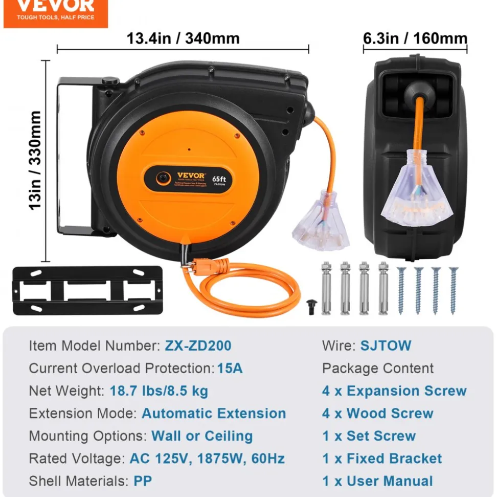 VEVOR Retractable Extension Cord Reel, 30 FT, Heavy Duty 16AWG/3C SJTOW Retractable Power Cord Reel with Lighted Triple Tap Outlet 10 Amp Circuit Breaker 4.5FT Lead-in Cord, for Ceiling or Wall Mount