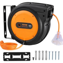 VEVOR Retractable Extension Cord Reel, 30 FT, Heavy Duty 16AWG/3C SJTOW Retractable Power Cord Reel with Lighted Triple Tap Outlet 10 Amp Circuit Breaker 4.5FT Lead-in Cord, for Ceiling or Wall Mount