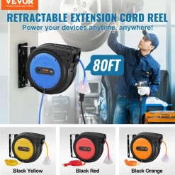 VEVOR Retractable Extension Cord Reel, 65 FT, Heavy Duty 12AWG/3C SJTOW Retractable Power Cord with Lighted Triple Tap Outlet, 15 Amp Circuit Breaker 180° Swivel Bracket for Ceiling or Wall Mount