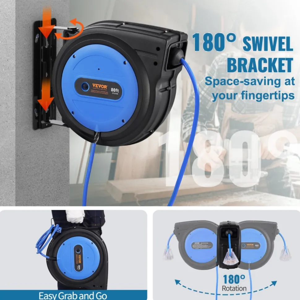 VEVOR Retractable Extension Cord Reel, 65 FT, Heavy Duty 12AWG/3C SJTOW Retractable Power Cord with Lighted Triple Tap Outlet, 15 Amp Circuit Breaker 180° Swivel Bracket for Ceiling or Wall Mount