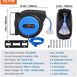 VEVOR Retractable Extension Cord Reel, 65 FT, Heavy Duty 12AWG/3C SJTOW Retractable Power Cord with Lighted Triple Tap Outlet, 15 Amp Circuit Breaker 180° Swivel Bracket for Ceiling or Wall Mount