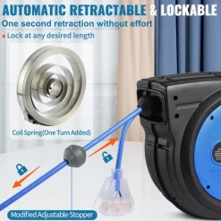 VEVOR Retractable Extension Cord Reel, 65 FT, Heavy Duty 12AWG/3C SJTOW Retractable Power Cord with Lighted Triple Tap Outlet, 15 Amp Circuit Breaker 180° Swivel Bracket for Ceiling or Wall Mount