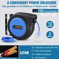 VEVOR Retractable Extension Cord Reel, 65 FT, Heavy Duty 12AWG/3C SJTOW Retractable Power Cord with Lighted Triple Tap Outlet, 15 Amp Circuit Breaker 180° Swivel Bracket for Ceiling or Wall Mount