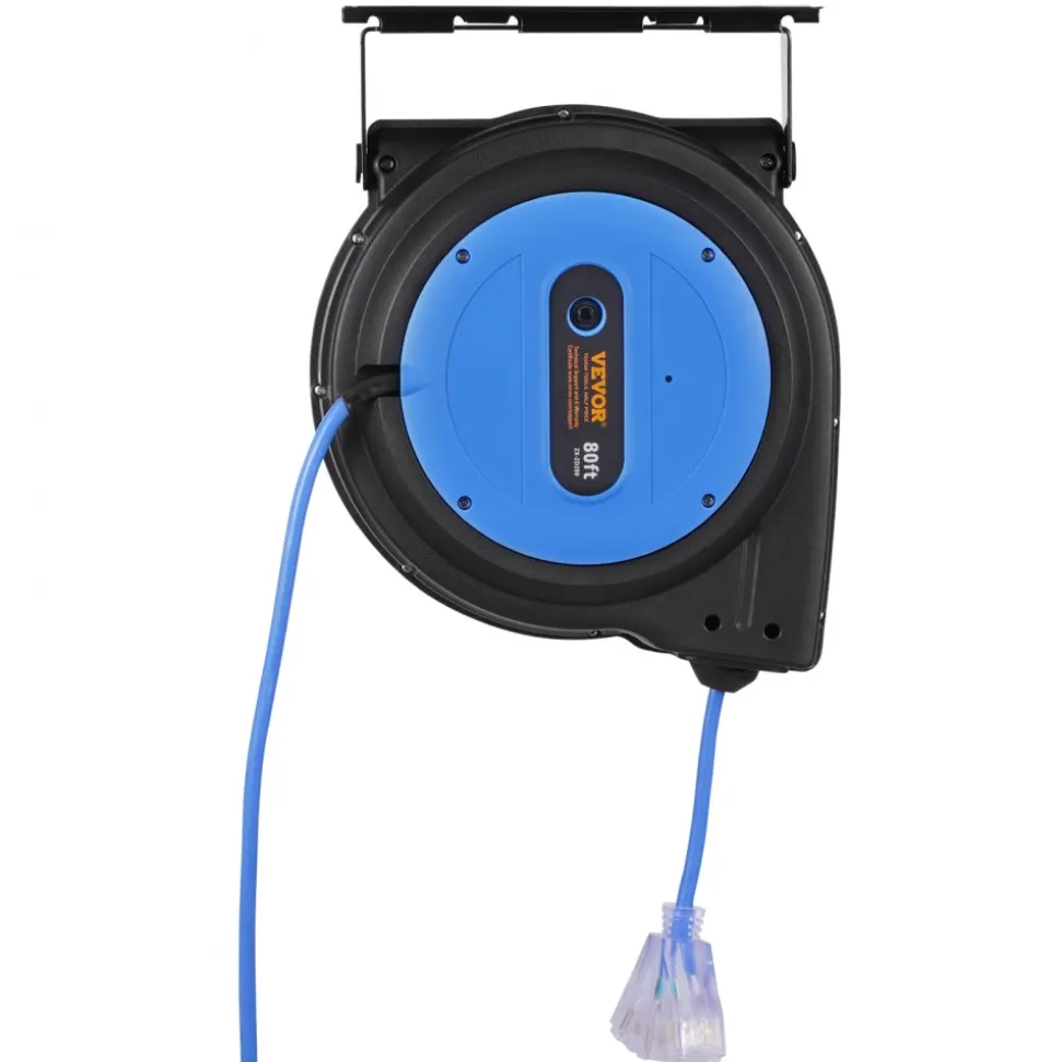 VEVOR Retractable Extension Cord Reel, 65 FT, Heavy Duty 12AWG/3C SJTOW Retractable Power Cord with Lighted Triple Tap Outlet, 15 Amp Circuit Breaker 180° Swivel Bracket for Ceiling or Wall Mount