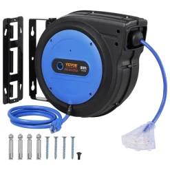 VEVOR Retractable Extension Cord Reel, 65 FT, Heavy Duty 12AWG/3C SJTOW Retractable Power Cord with Lighted Triple Tap Outlet, 15 Amp Circuit Breaker 180° Swivel Bracket for Ceiling or Wall Mount