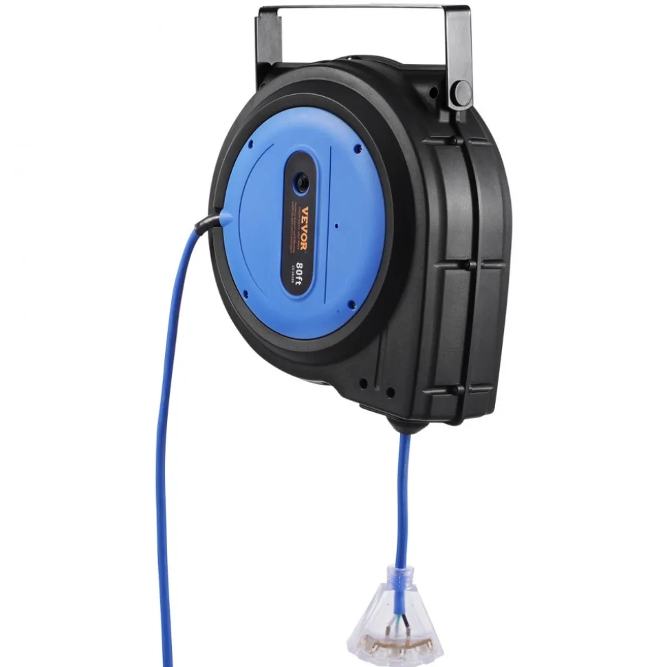 VEVOR Retractable Extension Cord Reel, 65 FT, Heavy Duty 12AWG/3C SJTOW Retractable Power Cord with Lighted Triple Tap Outlet, 15 Amp Circuit Breaker 180° Swivel Bracket for Ceiling or Wall Mount
