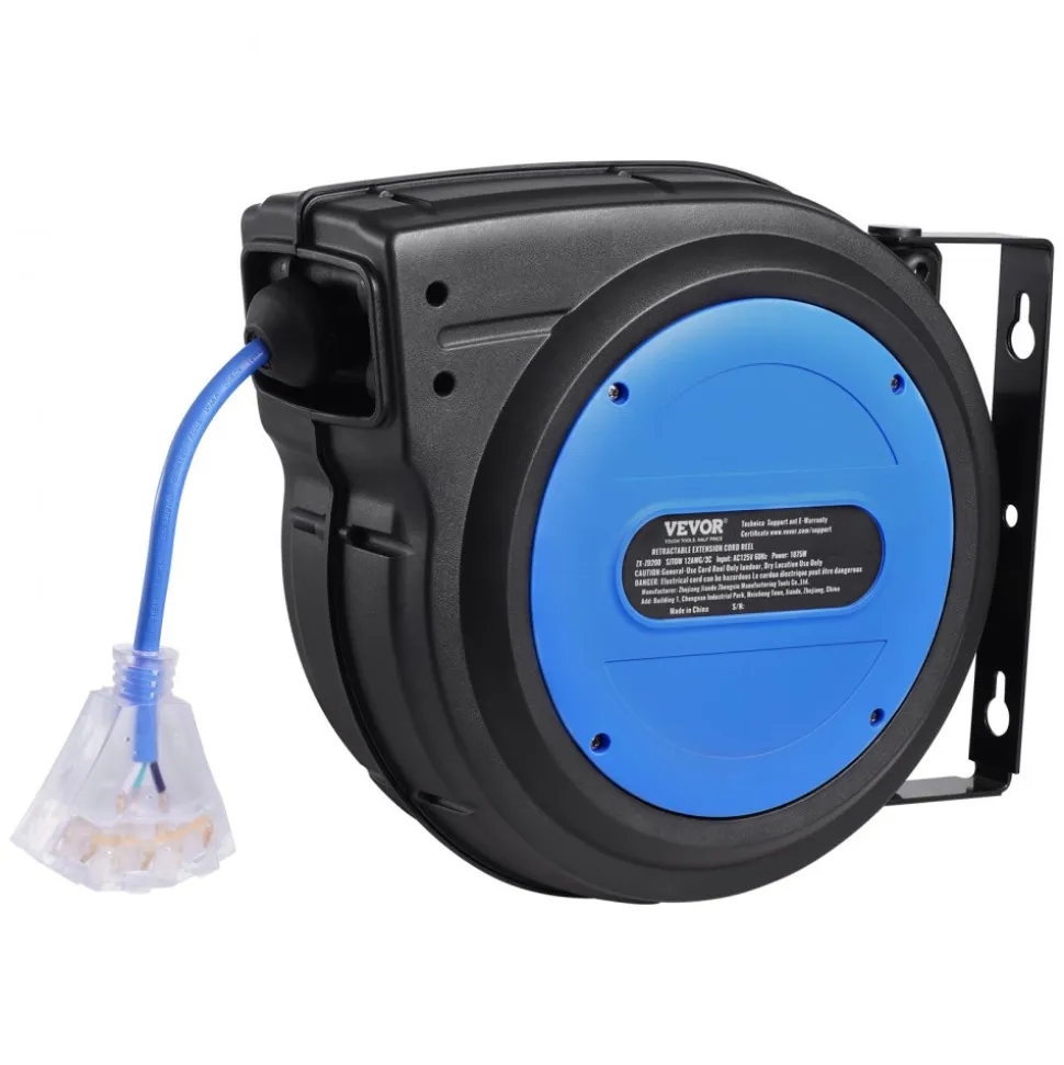 VEVOR Retractable Extension Cord Reel, 65 FT, Heavy Duty 12AWG/3C SJTOW Retractable Power Cord with Lighted Triple Tap Outlet, 15 Amp Circuit Breaker 180° Swivel Bracket for Ceiling or Wall Mount