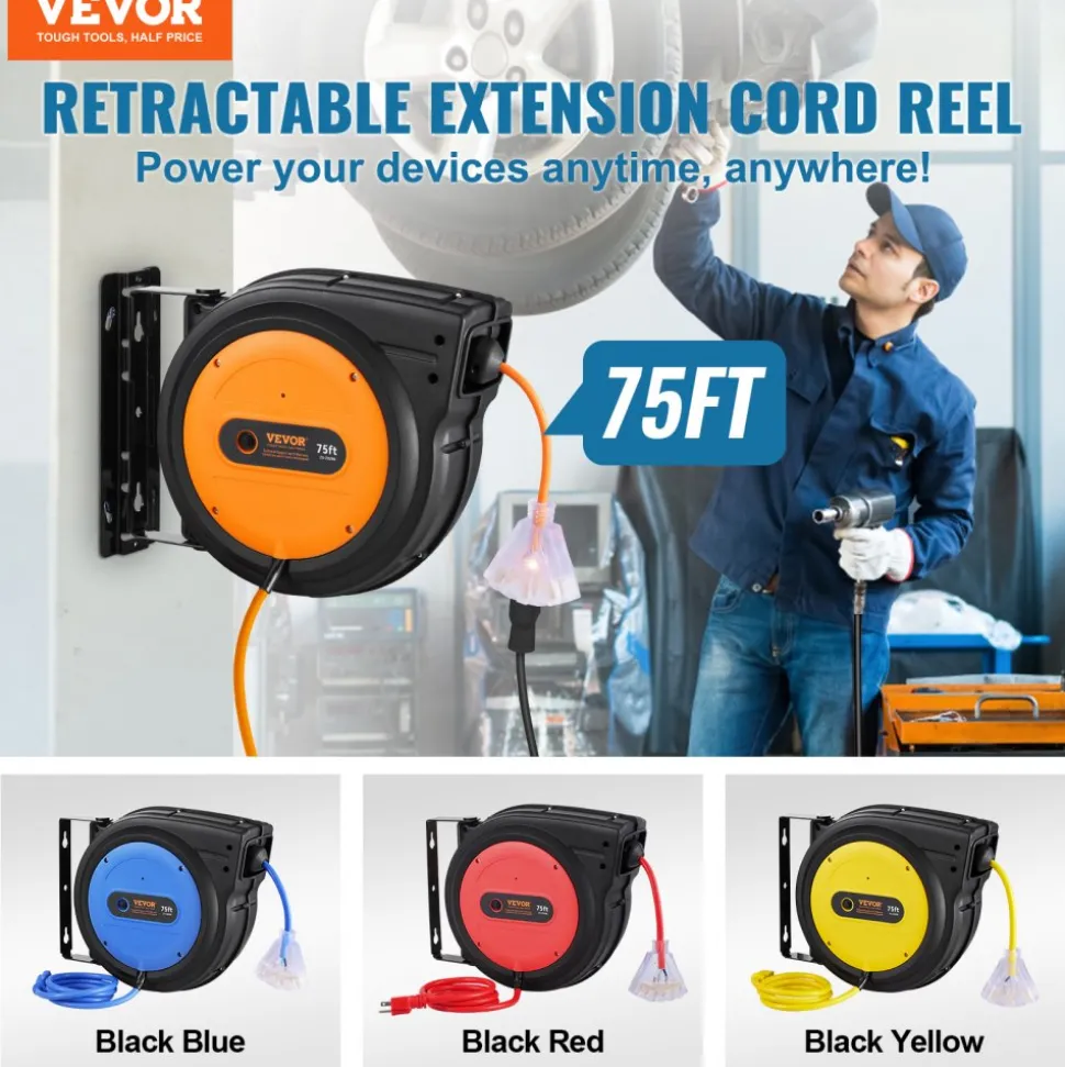 VEVOR Retractable Extension Cord Reel, 75 FT, Heavy Duty 14AWG/3C SJTOW Retractable Power Cord with Lighted Triple Tap Outlet, 13 Amp Circuit Breaker 180° Swivel Bracket for Ceiling or Wall Mount
