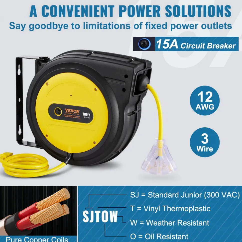 VEVOR Retractable Extension Cord Reel, 75 FT, Heavy Duty 14AWG/3C SJTOW Retractable Power Cord with Lighted Triple Tap Outlet, 13 Amp Circuit Breaker 180° Swivel Bracket for Ceiling or Wall Mount
