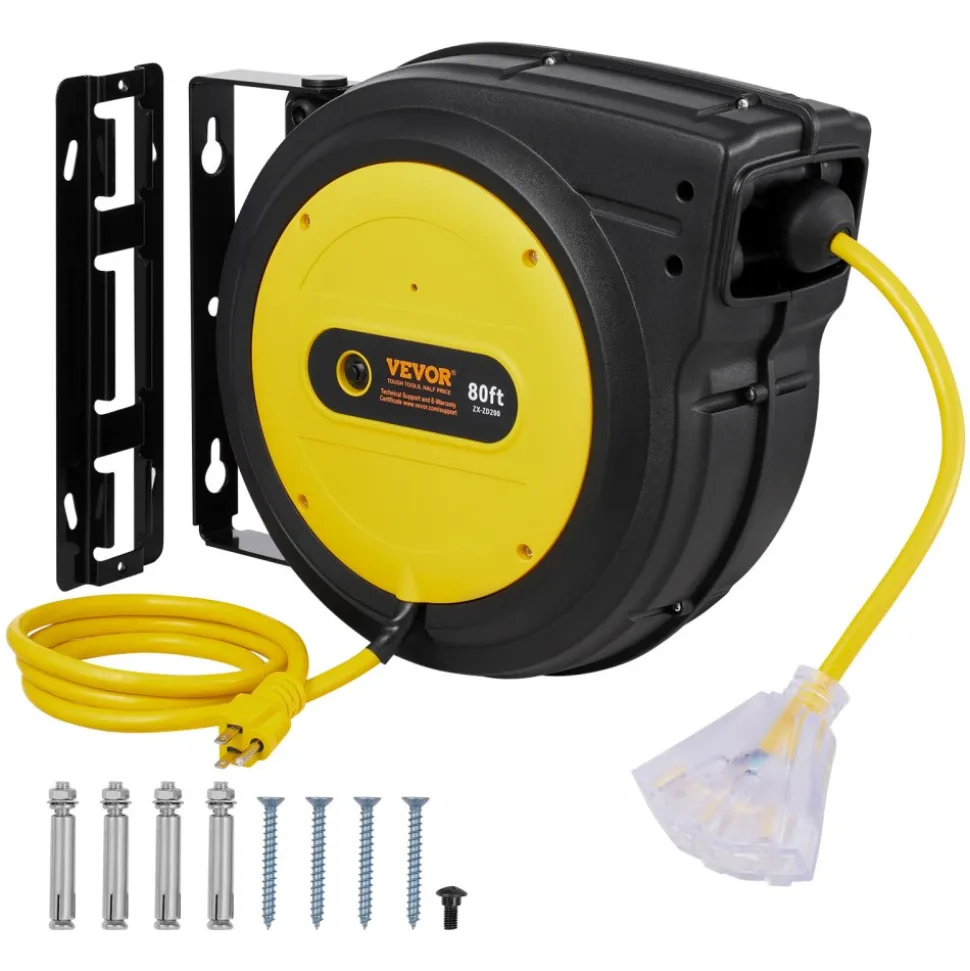 VEVOR Retractable Extension Cord Reel, 75 FT, Heavy Duty 14AWG/3C SJTOW Retractable Power Cord with Lighted Triple Tap Outlet, 13 Amp Circuit Breaker 180° Swivel Bracket for Ceiling or Wall Mount