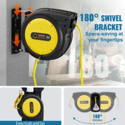 VEVOR Retractable Extension Cord Reel, 75 FT, Heavy Duty 14AWG/3C SJTOW Retractable Power Cord with Lighted Triple Tap Outlet, 13 Amp Circuit Breaker 180° Swivel Bracket for Ceiling or Wall Mount