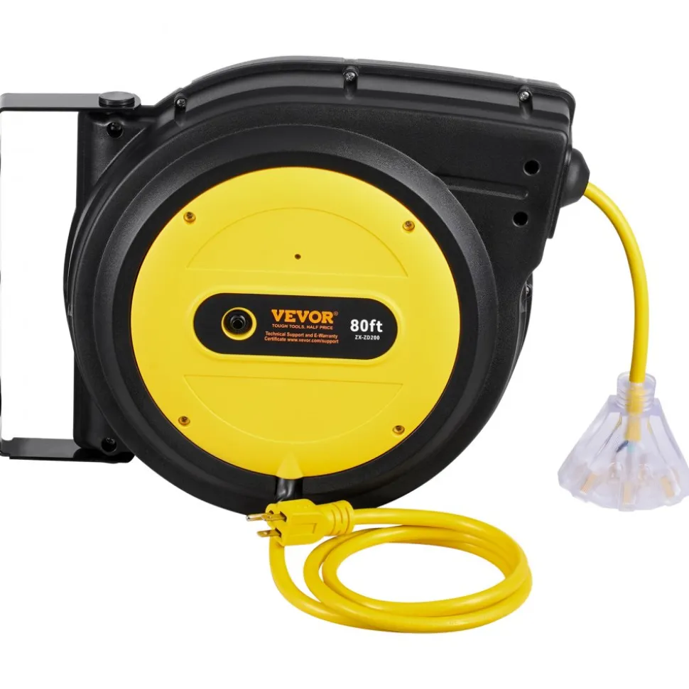 VEVOR Retractable Extension Cord Reel, 75 FT, Heavy Duty 14AWG/3C SJTOW Retractable Power Cord with Lighted Triple Tap Outlet, 13 Amp Circuit Breaker 180° Swivel Bracket for Ceiling or Wall Mount