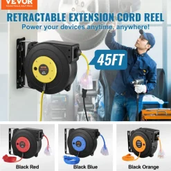 VEVOR Retractable Extension Cord Reel, 45 FT, Heavy Duty 12AWG/3C SJTOW Retractable Power Cord with Lighted Triple Tap Outlet, 15 Amp Circuit Breaker 180° Swivel Bracket for Ceiling or Wall Mount