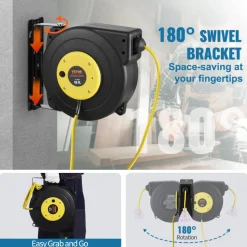 VEVOR Retractable Extension Cord Reel, 45 FT, Heavy Duty 12AWG/3C SJTOW Retractable Power Cord with Lighted Triple Tap Outlet, 15 Amp Circuit Breaker 180° Swivel Bracket for Ceiling or Wall Mount