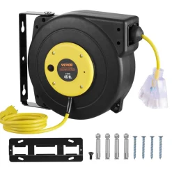 VEVOR Retractable Extension Cord Reel, 45 FT, Heavy Duty 12AWG/3C SJTOW Retractable Power Cord with Lighted Triple Tap Outlet, 15 Amp Circuit Breaker 180° Swivel Bracket for Ceiling or Wall Mount