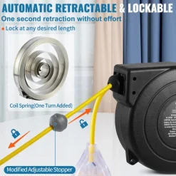 VEVOR Retractable Extension Cord Reel, 45 FT, Heavy Duty 12AWG/3C SJTOW Retractable Power Cord with Lighted Triple Tap Outlet, 15 Amp Circuit Breaker 180° Swivel Bracket for Ceiling or Wall Mount