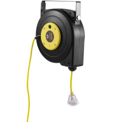VEVOR Retractable Extension Cord Reel, 45 FT, Heavy Duty 12AWG/3C SJTOW Retractable Power Cord with Lighted Triple Tap Outlet, 15 Amp Circuit Breaker 180° Swivel Bracket for Ceiling or Wall Mount