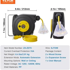 VEVOR Retractable Extension Cord Reel, 30 FT, Heavy Duty 16AWG/3C SJTOW Retractable Power Cord Reel with Lighted Triple Tap Outlet 10 Amp Circuit Breaker 4.5FT Lead-in Cord, for Ceiling or Wall Mount