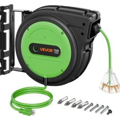 VEVOR Retractable Extension Cord Reel 75FT Heavy Duty 14AWG/3C SJTOW Green, for Ceiling/Wall Mount, 13A Circuit Breaker, Automatic Retractable Power Cord, Lighted Triple Tap, with 180° Swivel Bracket