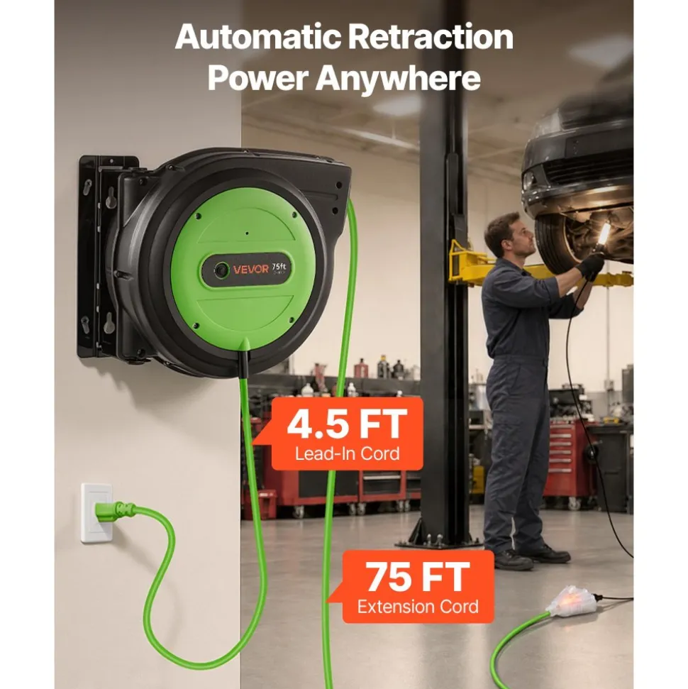VEVOR Retractable Extension Cord Reel 75FT Heavy Duty 14AWG/3C SJTOW Green, for Ceiling/Wall Mount, 13A Circuit Breaker, Automatic Retractable Power Cord, Lighted Triple Tap, with 180° Swivel Bracket