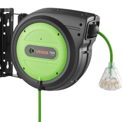 VEVOR Retractable Extension Cord Reel 75FT Heavy Duty 14AWG/3C SJTOW Green, for Ceiling/Wall Mount, 13A Circuit Breaker, Automatic Retractable Power Cord, Lighted Triple Tap, with 180° Swivel Bracket